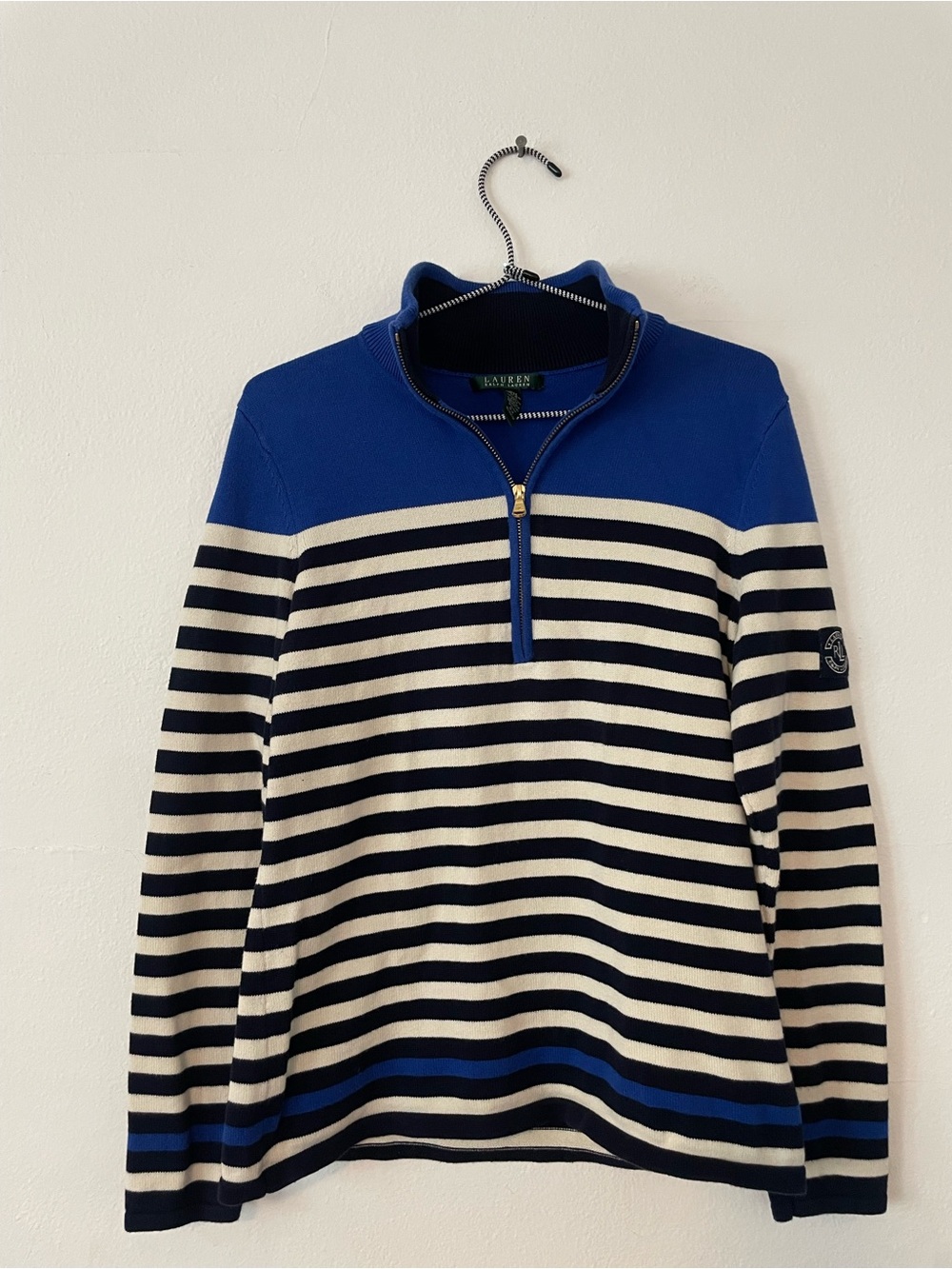 Ralph Lauren Navy & Cream Striped Half-Zip Sweater with Royal Blue Yoke